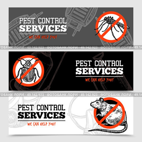 Sketch Pest Control Insect Banners. Pest control service horizontal sketch banners with insects and rodent isolated vector illustration. Стоковая иллюстрация, агентство Ingram Publishing / Фотобанк Лори