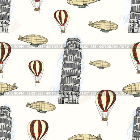 Sketch Pisa tower, vector vintage seamless pattern. Стоковая иллюстрация, агентство Ingram Publishing / Фотобанк Лори