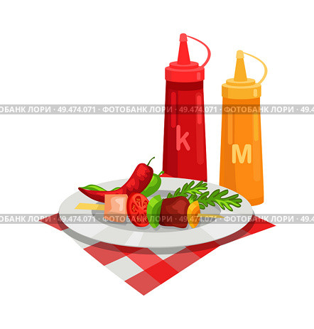 Skewer barbeque meal isolated icon vector. Plate with satay vegetables and meat. Pepper slice herb and tometo slice with sauces mustard and ketchup. Skewer Barbeque Meal Icon Vector Illustration. Стоковая иллюстрация, агентство Ingram Publishing / Фотобанк Лори