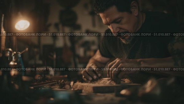Skilled artisan carves intricate designs in workshop during evening hours, showcasing craftsmanship and dedication. Стоковое AI-видео, аниматор Сергей Толмачёв / Фотобанк Лори
