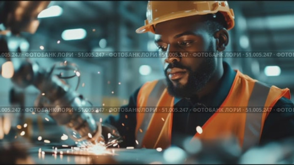 Skilled worker creates sparks while using welding equipment in industrial workshop. Стоковое AI-видео, аниматор Сергей Толмачёв / Фотобанк Лори