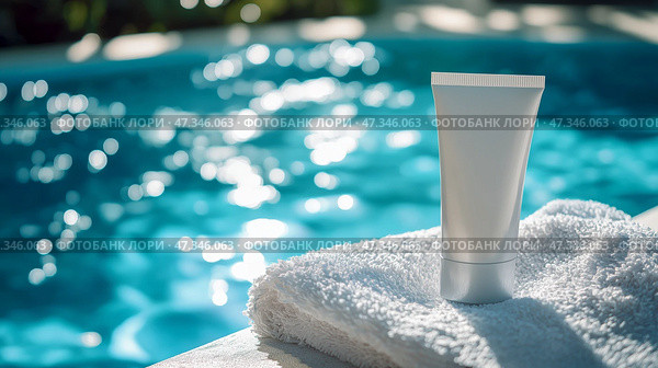 Skincare product mockup placed by a sparkling pool in a tropical setting. Макет средства по уходу за кожей, размещенный у сверкающего бассейна в тропическом окружении. Стоковое AI-изображение, AI-художник Katsiaryna Repich / Фотобанк Лори