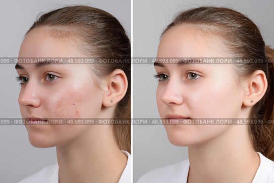 Skincare transformation showcasing before and after results on facial acne. Преображение кожи, демонстрирующее результаты до и после лечения акне на лице. Стоковое AI-изображение, AI-художник Katsiaryna Repich / Фотобанк Лори