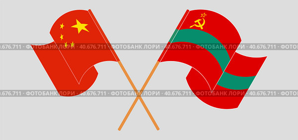 Скрещенные и развевающиеся флаги Китая и Приднестровья. Стоковая иллюстрация, иллюстратор Олег Безруков / Фотобанк Лори