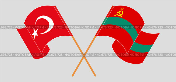 Скрещенные и развевающиеся флаги Турции и Приднестровья. Стоковая иллюстрация, иллюстратор Олег Безруков / Фотобанк Лори