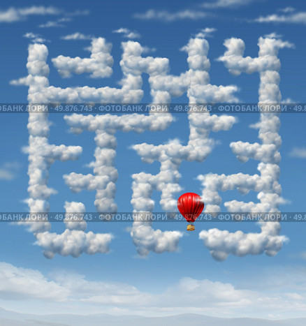 Sky is the limit concept with a red hot air balloon flying up to the sky navigating through a group of storm clouds in the shape of a maze or labyrinth puzzle as an icon of leadership strategy and success planning. Стоковое фото, агентство Ingram Publishing / Фотобанк Лори