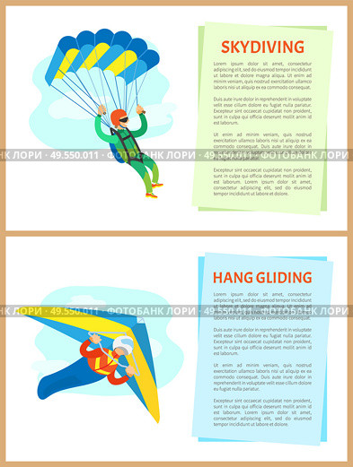 Skydiving and hang gliding vector, people leading active lifestyle, parachutist with equipment dangerous hobby of men. Posters with text sample set. Skydiving and Hang Gliding Extreme Sports Set. Стоковая иллюстрация, агентство Ingram Publishing / Фотобанк Лори