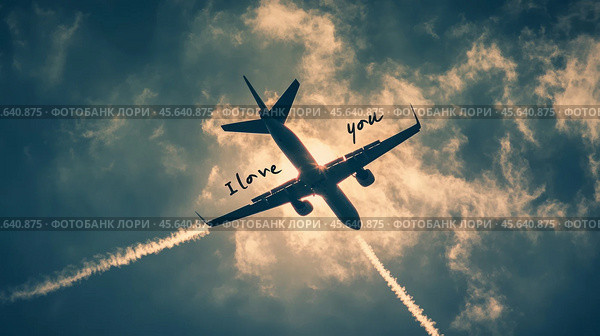 Skywriting a love message on Valentine's Day with an airplane flying through a bright blue sky. Стоковое AI-изображение, AI-художник Елена Зубкова / Фотобанк Лори