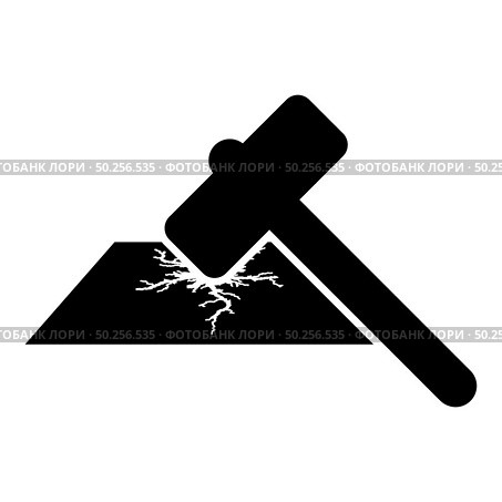 Sledge hammer breaks hard surface with formation of strong cracks icon black color vector illustration flat style simple image. Sledge hammer breaks hard surface with formation of strong cracks icon black color vector illustration flat style image. Стоковая иллюстрация, агентство Ingram Publishing / Фотобанк Лори