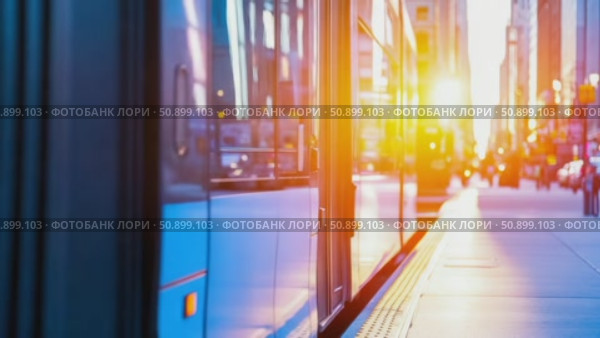 Sleek blue city tram waiting at a sunlit platform, showcasing urban transit at golden hour. Стоковое AI-видео, аниматор Данила Большаков / Фотобанк Лори
