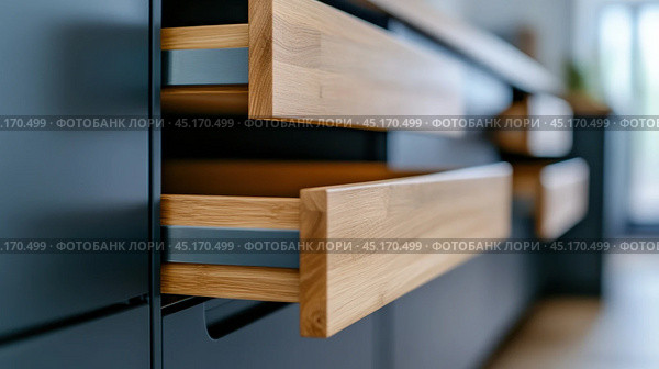 Sleek kitchen drawers with wooden fronts and modern design, AI. Стоковое AI-изображение, AI-художник Сергей Старуш / Фотобанк Лори