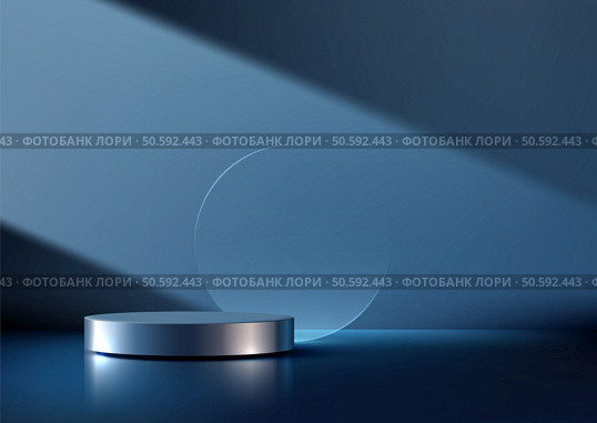 sleek modern product showcase featuring a 3d silver cylindrical podium on a reflective surface, bathed in cool blue light, perfect for minimalist luxury mockups and high end presentations. Стоковая иллюстрация, агентство Ingram Publishing / Фотобанк Лори