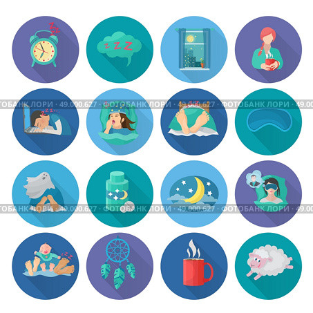 Sleep time flat long shadow icons set with alarm clock snoring man bedroom isolated vector illustration. Sleep Time Icons. Стоковая иллюстрация, агентство Ingram Publishing / Фотобанк Лори
