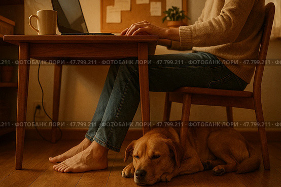 Sleeping dog under remote worker's desk in cozy home setting. Стоковое AI-изображение, AI-художник Максим Гребешков / Фотобанк Лори