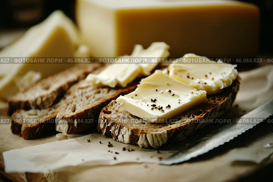 Slice of wholemeal bread with butter curl. Buttering toast. Yellow butter scattered on a piece of bread. Bread with toasting and spreading butter. Generous spread of butter on a rustic bread slice. Стоковое AI-изображение, AI-художник Марина Демидюк / Фотобанк Лори