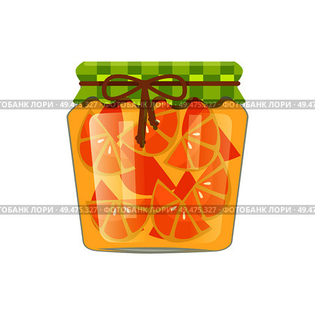 Sliced oranges canned in small glass container with rustic textile decorated and tied lid. Exotic citrus homemade conservation vector illustration.. Sliced Orange Citrus Fruit In Small Glass Jar. Стоковая иллюстрация, агентство Ingram Publishing / Фотобанк Лори