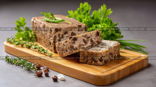 Sliced pate with herbs and spices on cutting board. Стоковое AI-изображение, AI-художник Юрий Поздников / Фотобанк Лори