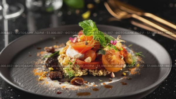Sliced tomatoes resting atop quinoa, sprinkled with fresh herbs, accompanied by creamy dollop on textured ceramic plate, highlighting vibrant vegetarian gourmet styling. Стоковое AI-видео, аниматор Данил Руденко / Фотобанк Лори