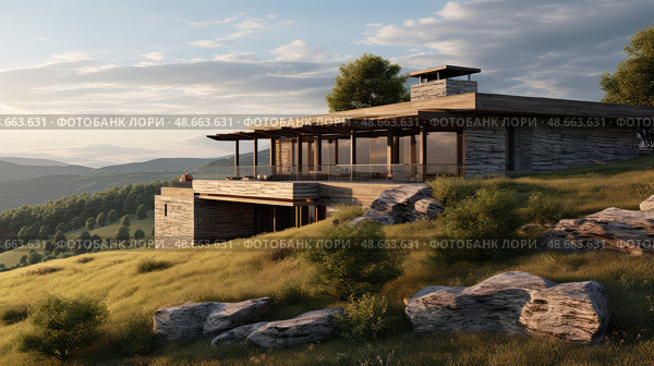 sloping single house ai generated. Стоковое AI-изображение, AI-художник Vectorwin / Фотобанк Лори