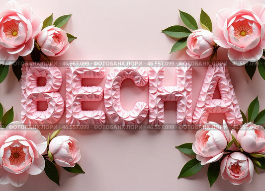 Слово "ВЕСНА" написанное объемными яркими буквами составленными из цветов. The word "SPRING" written in voluminous bright letters made up of flowers. Стоковое AI-изображение, AI-художник Гер Олег / Фотобанк Лори