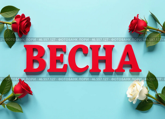 Слово "ВЕСНА" написанное объемными яркими буквами составленными из цветов. The word "SPRING" written in voluminous bright letters made up of flowers. Стоковое AI-изображение, AI-художник Гер Олег / Фотобанк Лори