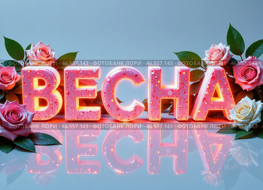 Слово "ВЕСНА" написанное объемными яркими буквами составленными из цветов. The word "SPRING" written in voluminous bright letters made up of flowers. Стоковое AI-изображение, AI-художник Гер Олег / Фотобанк Лори