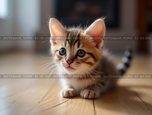 Small kitten with brown and white fur on wood floor in room with blurred back. Big eyes and long whiskers. Стоковое AI-изображение, AI-художник Анна Сивакова / Фотобанк Лори