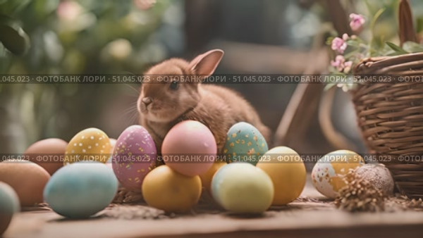 Small rabbit is sitting still in front of a basket filled with eggs in this scene. Стоковое AI-видео, аниматор Данила Большаков / Фотобанк Лори
