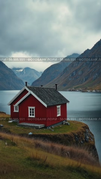 Small red house on fjord landscape in north land. Стоковое AI-видео, аниматор Sergey Grishin / Фотобанк Лори