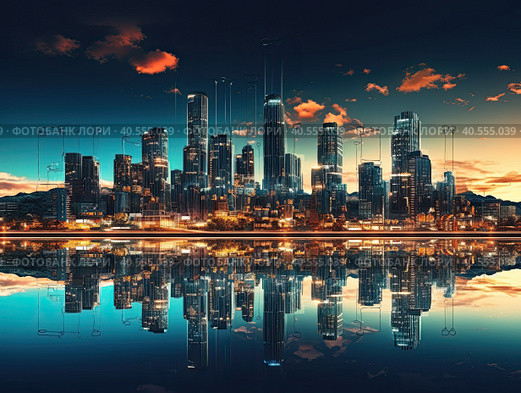 Smart city or digital cityscape IT or Internet of Things cloud computing with hologram. Created by Ai. Стоковое AI-изображение, AI-художник Ярославский Максим / Фотобанк Лори