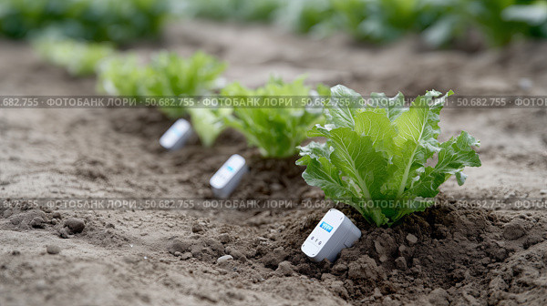 Smart farming technology monitors lettuce growth in a garden field. Технология интеллектуального земледелия отслеживает рост салата на садовом поле. Стоковое AI-изображение, AI-художник Katsiaryna Repich / Фотобанк Лори