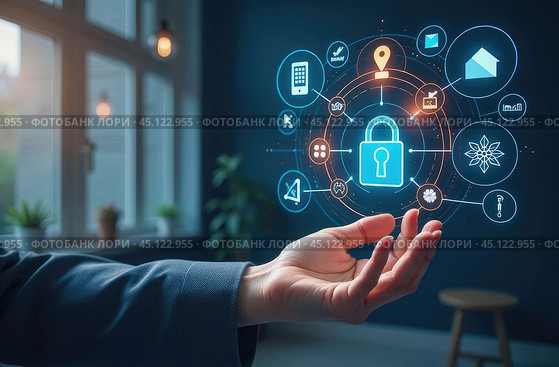 Smart home. Glowing hologram with smart home control icons above a man's palm. Стоковое AI-изображение, AI-художник Коханова Наталья / Фотобанк Лори