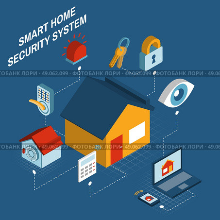 Smart home security system isometric poster . Smart home security alarm computerized remote control system concept poster with house symbol isometric abstract vector illustration. Стоковая иллюстрация, агентство Ingram Publishing / Фотобанк Лори