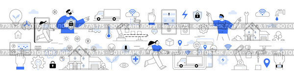 Smart home, wearable technology, industrial IoT. People interacting with smart devices, automated home systems, robotics and data analytics. Automation innovation internet of things, and data security. Technology and Innovation in Smart Homes and Automation. Стоковая иллюстрация, агентство Ingram Publishing / Фотобанк Лори