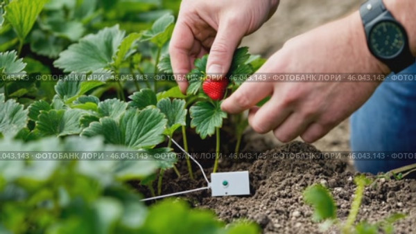 Smart sensor for the growth of strawberry plants in a sunny garden. Стоковое AI-видео, аниматор Zakharova Natasha / Фотобанк Лори