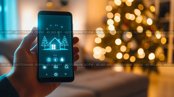 Smartphone in hand. The concept of a "smart home" with devices in the house. The smart home smartphone app. Стоковое AI-изображение, AI-художник Терехова Марина / Фотобанк Лори