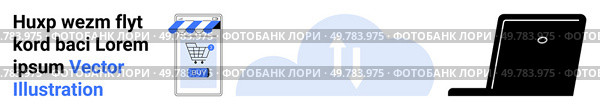 Smartphone with shopping cart, cloud with sync arrows, laptop. Ideal for e-commerce, tech startups, online shopping, data backup, cloud computing, mobile apps, IT services. Landing page. E-Commerce Mobile Integration with Cloud Sync and Laptop Connection. Стоковая иллюстрация, агентство Ingram Publishing / Фотобанк Лори