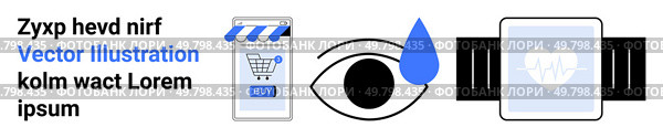 Smartphone with shopping cart, eye monitoring, tear drop, smartwatch with heart rate. Ideal for healthcare technology, eCommerce apps, digital marketing, visual data, wearable tech, eye care, smart. Eye Monitoring, Smartwatch Health Data, and eCommerce Mobile App Graphics for Technology and Marketing. Стоковая иллюстрация, агентство Ingram Publishing / Фотобанк Лори