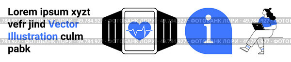 Smartwatch with heart monitor, information icon, and woman with laptop. Ideal for technology, health, communication, fitness, wearable devices, digital lifestyle, and modern workspaces. Landing page. Wearable Technology Smartwatch, Information Icon, and Woman Using Laptop for Effective Communication. Стоковая иллюстрация, агентство Ingram Publishing / Фотобанк Лори
