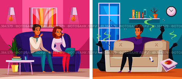 Smelly apartment cartoon composition with man in untidy room with trash, upset neighbors vector illustration. Neighbors Smelly Apartment Cartoon Composition. Стоковая иллюстрация, агентство Ingram Publishing / Фотобанк Лори