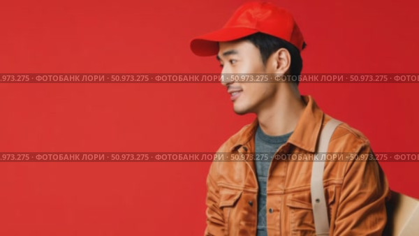 Smiling Asian man in a vibrant red cap and brown jacket portraying a cheerful messenger ready for service. Стоковое AI-видео, аниматор Данила Большаков / Фотобанк Лори