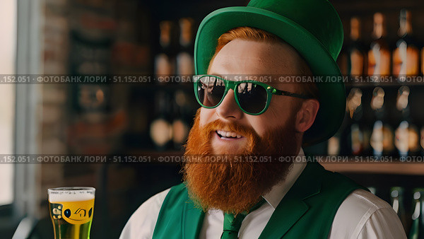 Smiling bearded man in green hat and sunglasses holding glass of beer in pub. Стоковое AI-изображение, AI-художник Дмитрий Нечаев / Фотобанк Лори