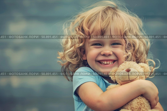 Smiling child hugging teddy bear, happiness and childhood memories. Стоковое AI-изображение, AI-художник Иван Рябоконь / Фотобанк Лори