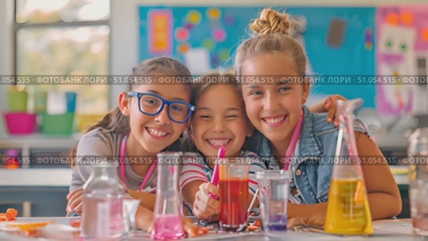 Smiling children conducting a colorful chemistry experiment at school. Стоковое AI-видео, аниматор Данила Большаков / Фотобанк Лори