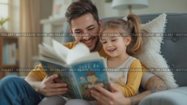 Smiling Father and Daughter Share a Joyful Reading Time at Home on a Cozy Afternoon. Стоковое AI-видео, аниматор Оксана Медведева / Фотобанк Лори