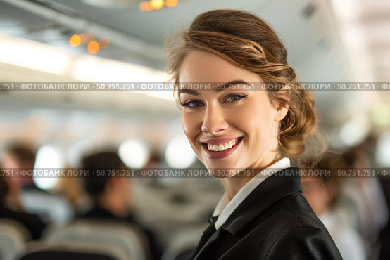 Smiling flight attendant looking back in airplane cabin. Стоковое AI-изображение, AI-художник Иван Рябоконь / Фотобанк Лори