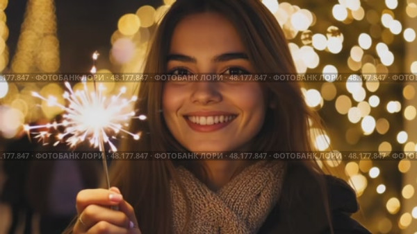 Smiling Girl with Fire Sparkler Glow in the Winter Season. pleased happy smiling young 20s woman is holding a bright sparkler in a festive winter setting. Glowing blur bokeh light on background. Стоковое AI-видео, аниматор Марина Демидюк / Фотобанк Лори