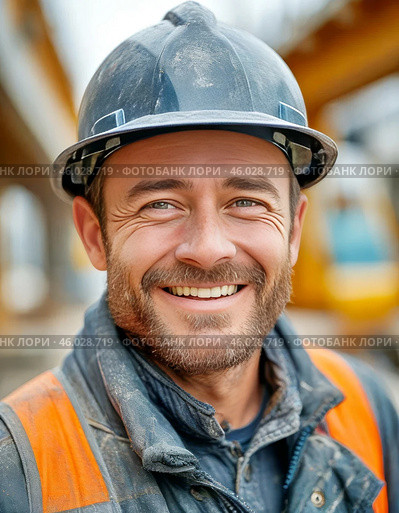 Smiling man observes safety precautions at work. Safety precautions at work. Стоковое AI-изображение, AI-художник Сергей Елизарьев / Фотобанк Лори