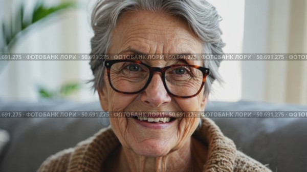 Smiling middle aged mature grey haired woman looking at camera, happy old lady in glasses posing at home indoor, positive single senior retired female sitting on sofa in living room. Стоковое AI-видео, аниматор Sergey Grishin / Фотобанк Лори