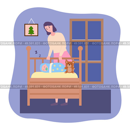 Smiling mother looking at sleeping baby with nipple in a crib. Happy parent put baby to bed. Woman enjoy silence when her child sleeping at night. Care of young parent. Parenting or parenthood concept. Smiling mother looking at sleeping baby in a crib, happy parent put baby to bed, woman enjoy silence. Стоковая иллюстрация, агентство Ingram Publishing / Фотобанк Лори